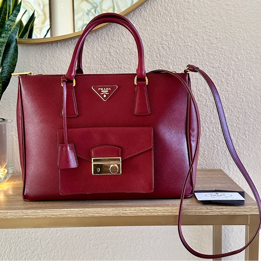 PRADA GALLERIA LUX SAFFIANO 2WAY TOP HANDLE SATCHEL BURGUNDY BAG ONE OF A KIND - Picture 3 of 16